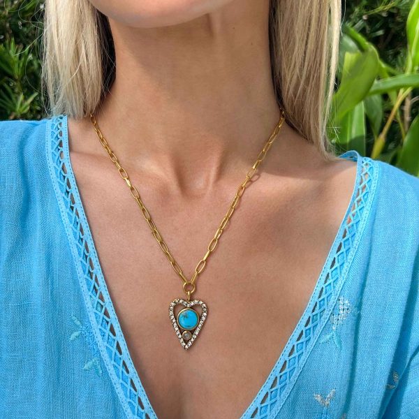 Turquoise Open Heart Pendant Necklace For Cheap