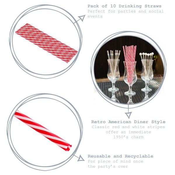 23cm Red Stripe Reusable Plastic Drinking Straws - Pack of 10 - By Rink Drink For Sale