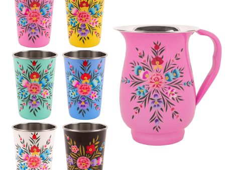 Pansy 1.7L Hand-Painted Picnic Water Jug with Mixed 400ml Tumblers Set - By BillyCan Online Sale