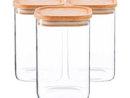 1.1L Square Glass Storage Jars with Wooden Lid - Pack of 3 - By Argon Tableware Online Sale