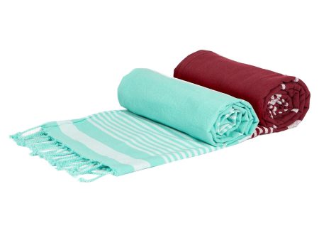 160cm x 90cm Aqua & Burgundy Deluxe Turkish Cotton Towels Set - Pack of Two - By Nicola Spring Online now