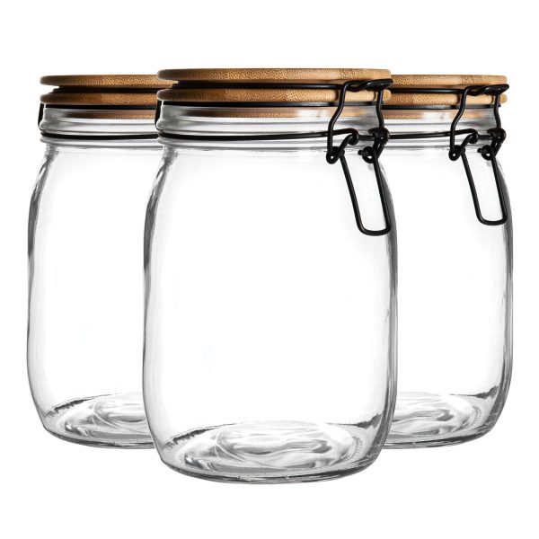 1L Glass Storage Jars with Wooden Clip Lid - Pack of 3 - By Argon Tableware For Cheap