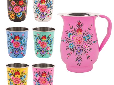 Pansy 1.7L Hand-Painted Picnic Water Jug with Mixed 300ml Tumblers Set - By BillyCan Online Sale