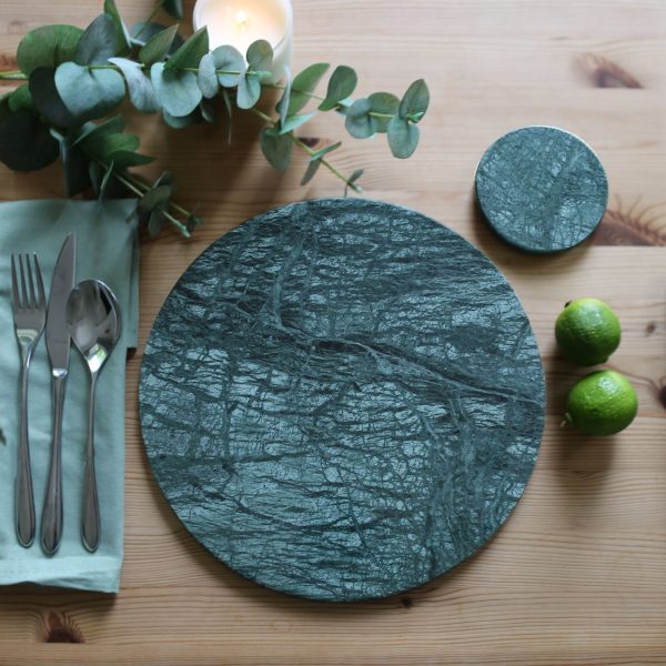 12pc Round Marble Placemats & Round Coasters Set - 30cm - Green - By Argon Tableware Online