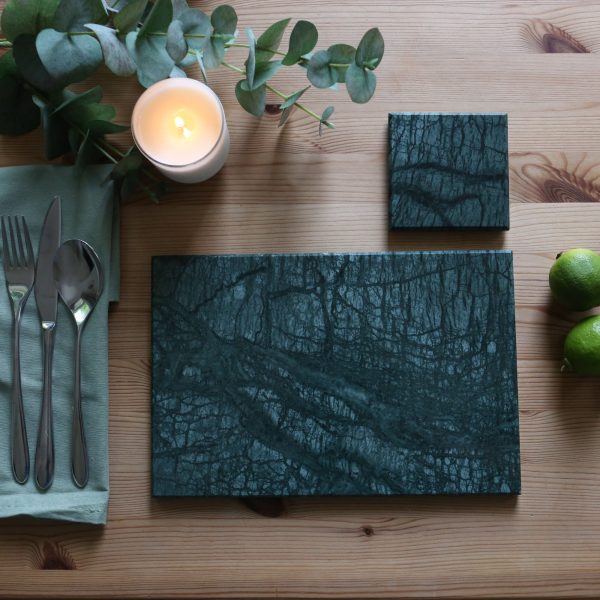 12pc Rectangle Marble Placemats & Square Coasters Set - 30cm x 20cm - Green - By Argon Tableware Supply