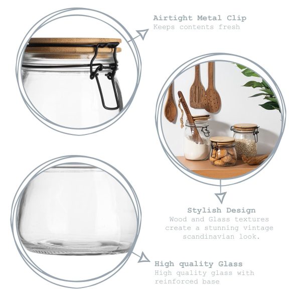 1L Glass Storage Jars with Wooden Clip Lid - Pack of 3 - By Argon Tableware For Cheap