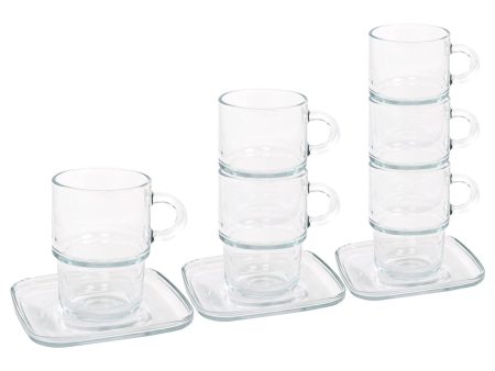 12pc 350ml Cozy Stacking Glass Coffee Cups & Saucers Set - By LAV Supply