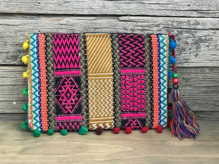 Clutch - woven tribal pompoms For Cheap